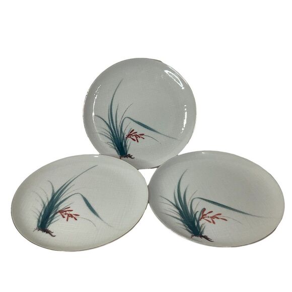 Vtg 3 Nunome China Dinner Plates 10 in Grass Red Flower Gray Plaid Japan OOAK‎ - Picture 3 of 9